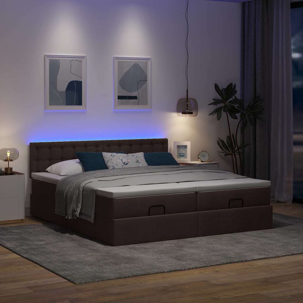 Ottoman-Bett mit Matratzen & LEDs Dunkelbraun 200x200 cm Stoff
