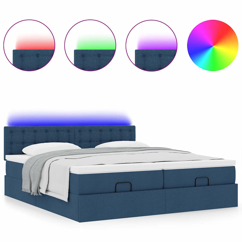 Ottoman-Bett mit Matratzen & LEDs Blau 200x200 cm Stoff