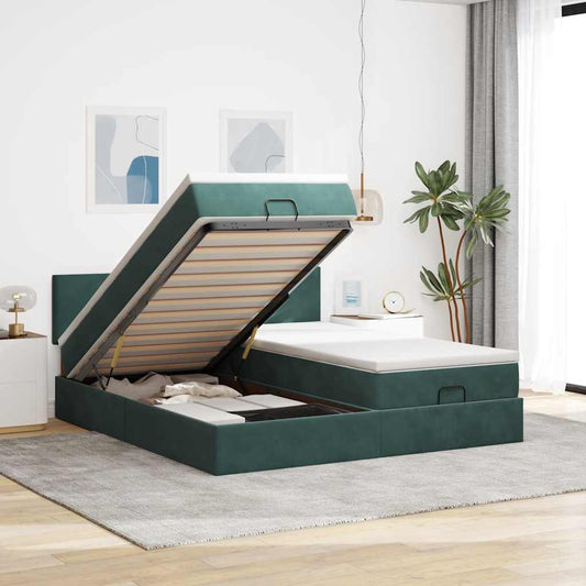 Ottoman-Bett mit Matratzen & LEDs Dunkelgrün 180x200 cm Samt