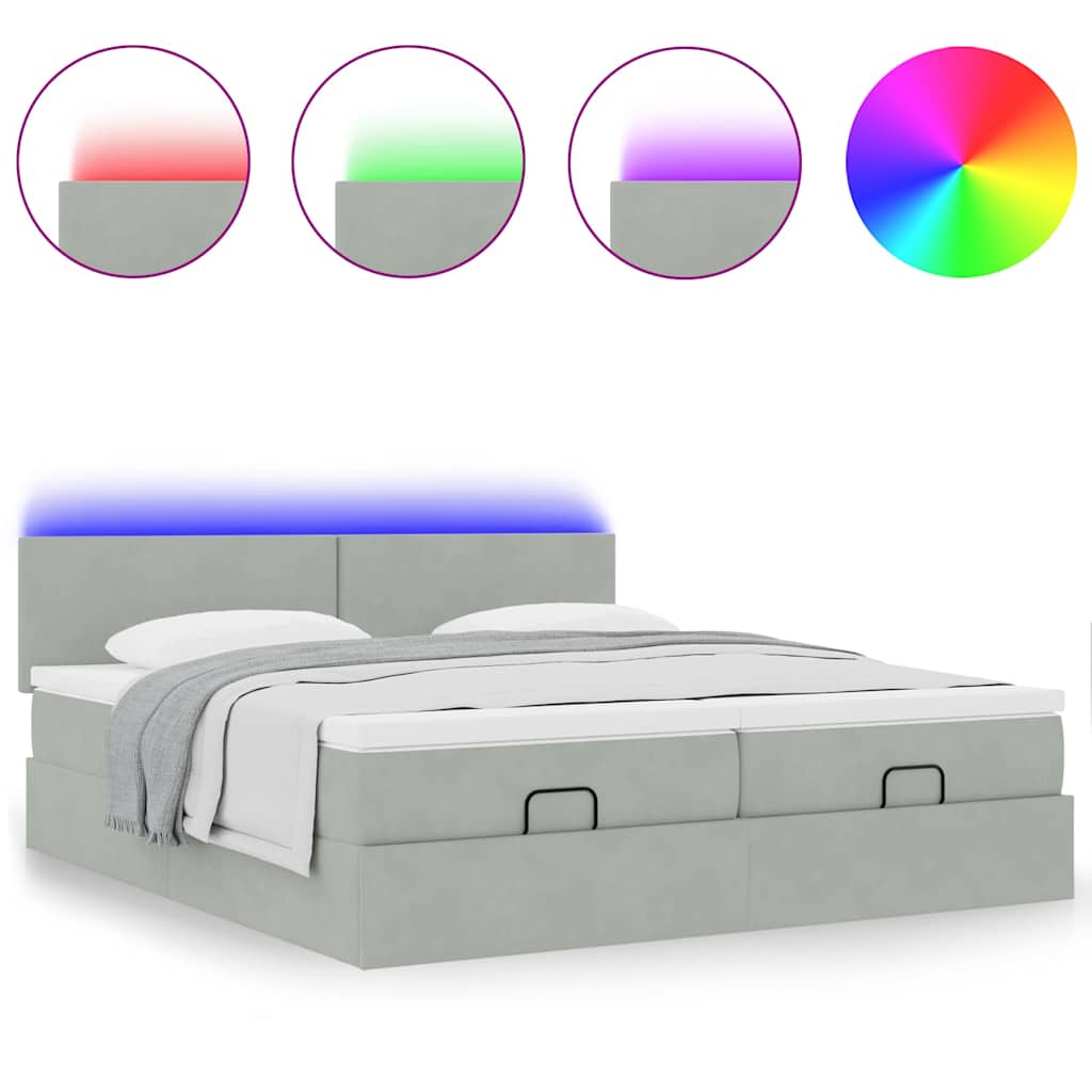 Ottoman-Bett mit Matratzen & LEDs Hellgrau 200x200 cm Samt