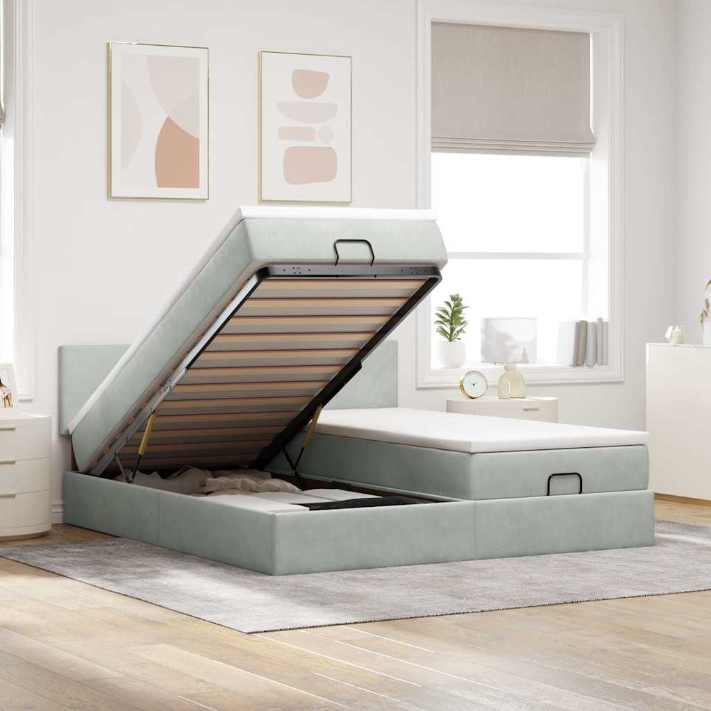 Ottoman-Bett mit Matratzen & LEDs Hellgrau 200x200 cm Samt
