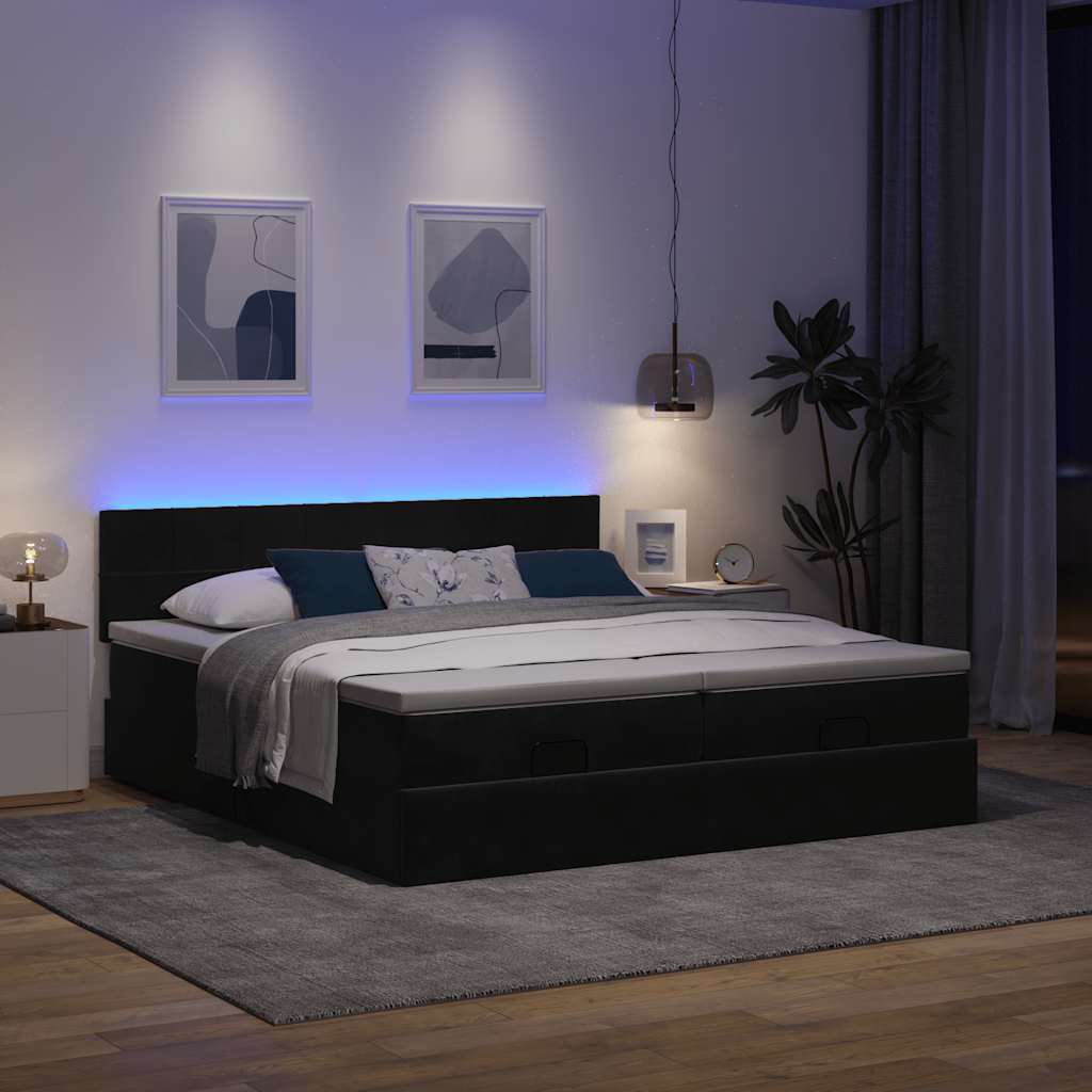 Ottoman-Bett mit Matratzen & LEDs Schwarz 180x200 cm Samt