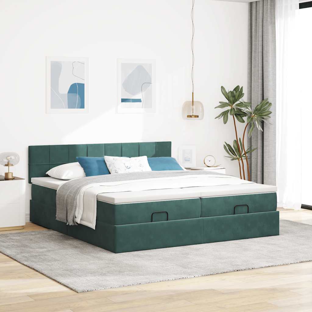 Ottoman-Bett mit Matratzen & LEDs Dunkelgrün 180x200 cm Samt
