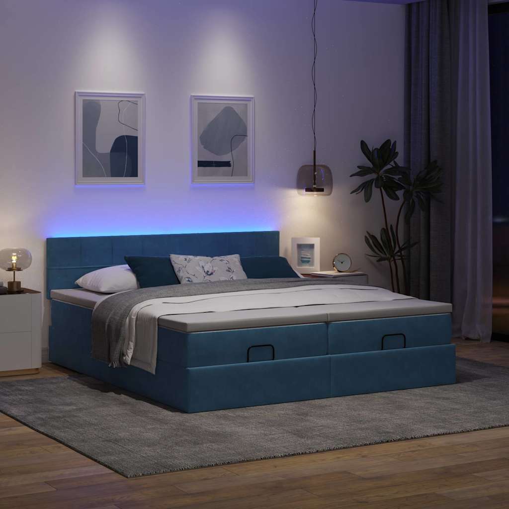 Ottoman-Bett mit Matratzen & LEDs Dunkelblau 180x200 cm Samt