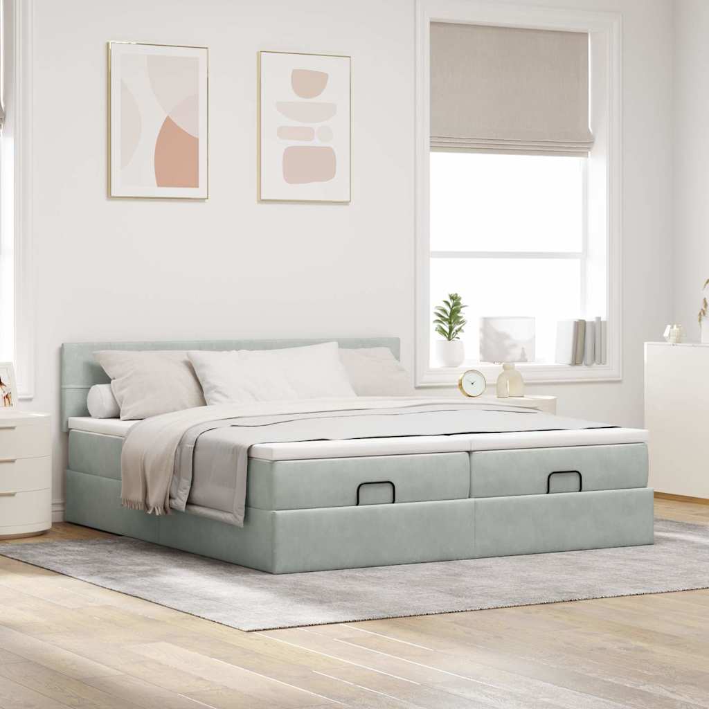 Ottoman-Bett mit Matratzen & LEDs Hellgrau 200x200 cm Samt