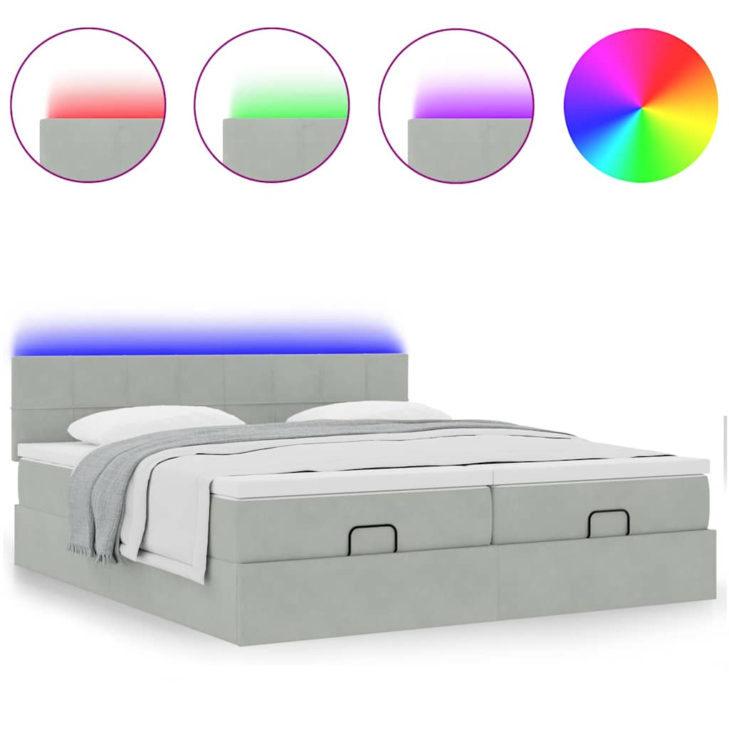 Ottoman-Bett mit Matratzen & LEDs Hellgrau 200x200 cm Samt