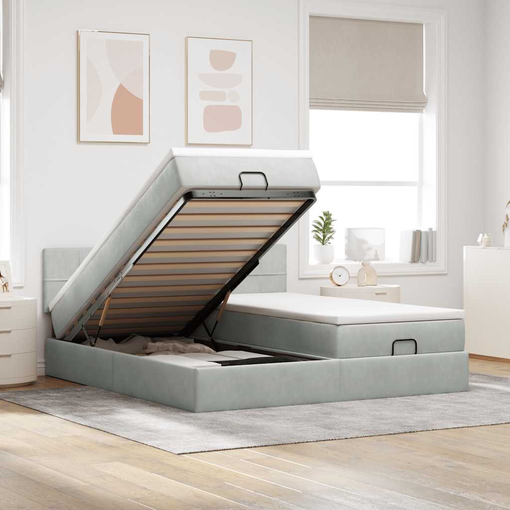 Ottoman-Bett mit Matratzen & LEDs Hellgrau 200x200 cm Samt
