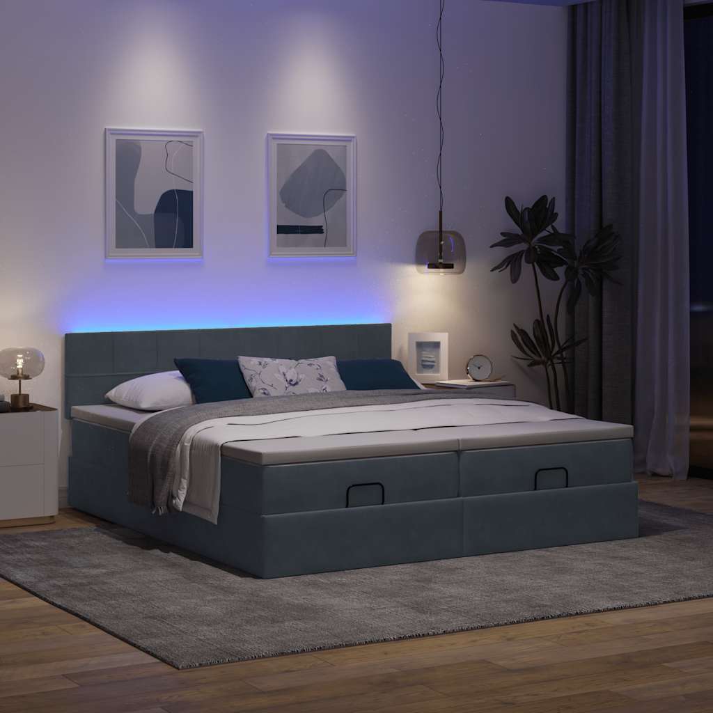 Ottoman-Bett mit Matratzen & LEDs Dunkelgrau 200x200 cm Samt