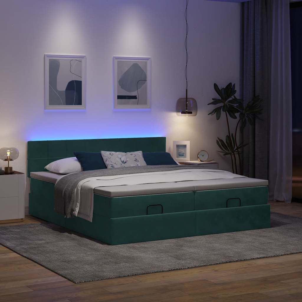 Ottoman-Bett mit Matratzen & LEDs Dunkelgrün 200x200 cm Samt