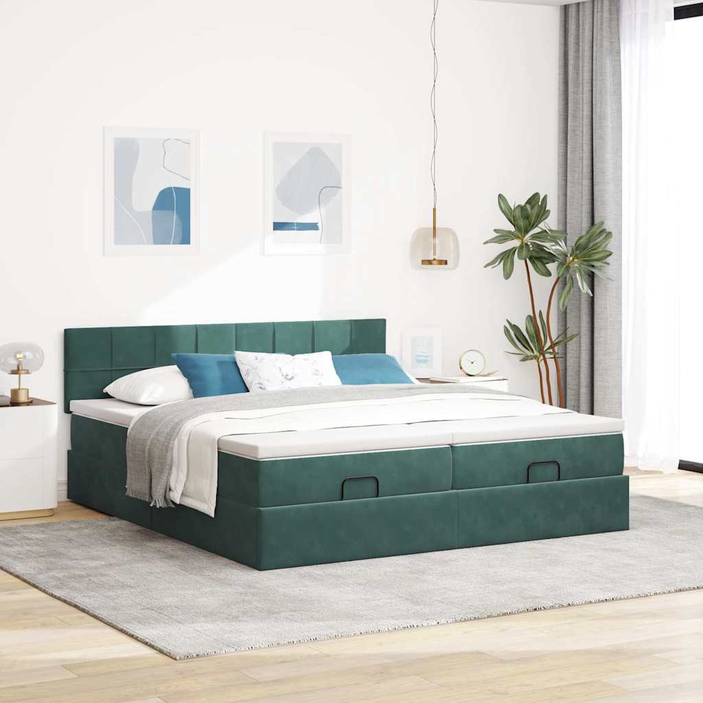 Ottoman-Bett mit Matratzen & LEDs Dunkelgrün 200x200 cm Samt