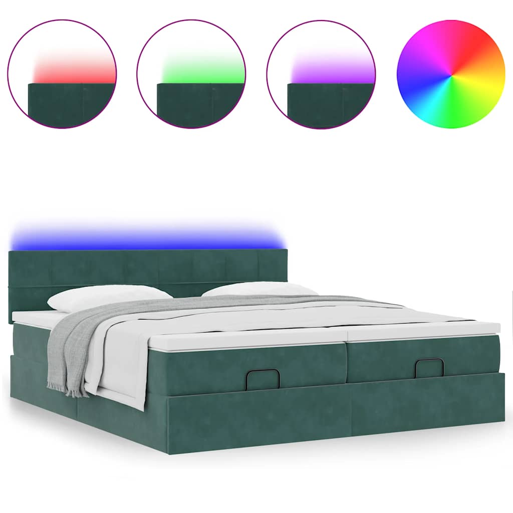 Ottoman-Bett mit Matratzen & LEDs Dunkelgrün 200x200 cm Samt