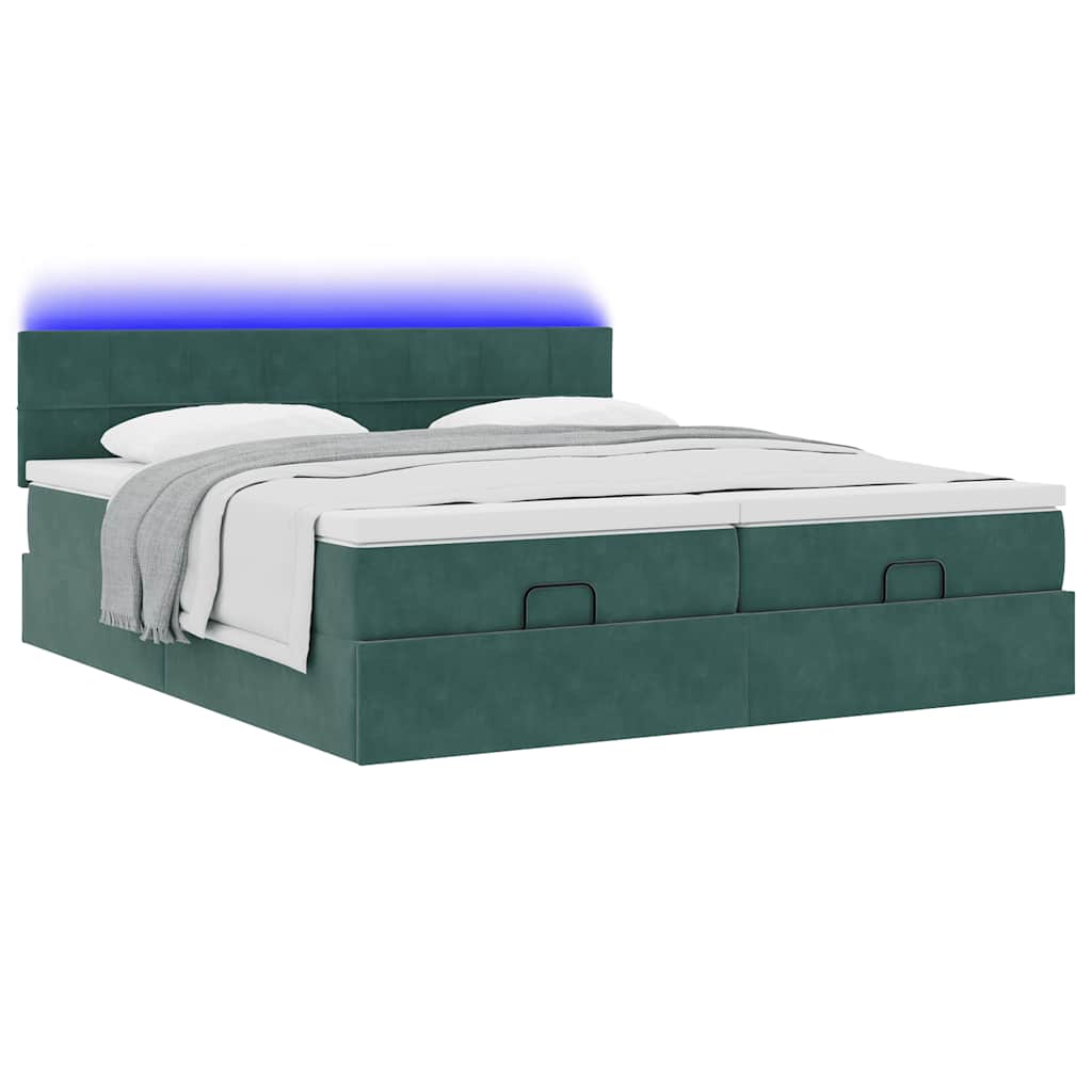Ottoman-Bett mit Matratzen & LEDs Dunkelgrün 200x200 cm Samt
