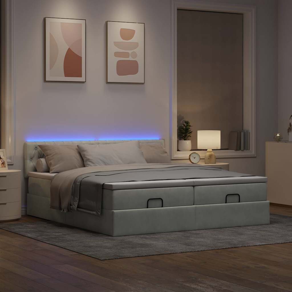 Ottoman-Bett mit Matratzen & LEDs Hellgrau 180x200 cm Samt