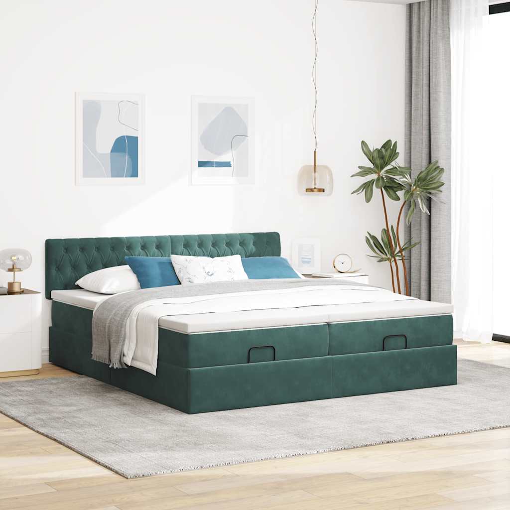 Ottoman-Bett mit Matratzen & LEDs Dunkelgrün 180x200 cm Samt
