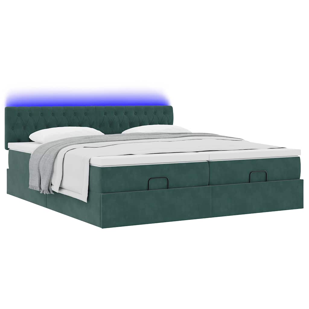 Ottoman-Bett mit Matratzen & LEDs Dunkelgrün 180x200 cm Samt