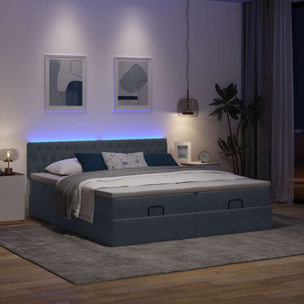 Ottoman-Bett mit Matratzen & LEDs Dunkelgrau 200x200 cm Samt