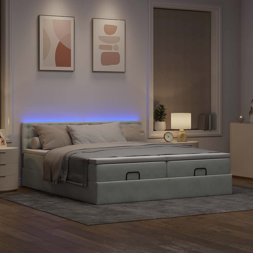 Ottoman-Bett mit Matratzen & LEDs Hellgrau 180x200 cm Samt