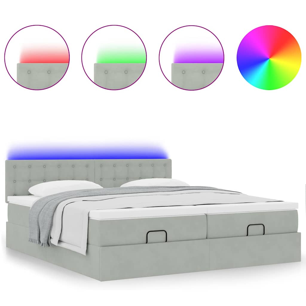 Ottoman-Bett mit Matratzen & LEDs Hellgrau 200x200 cm Samt