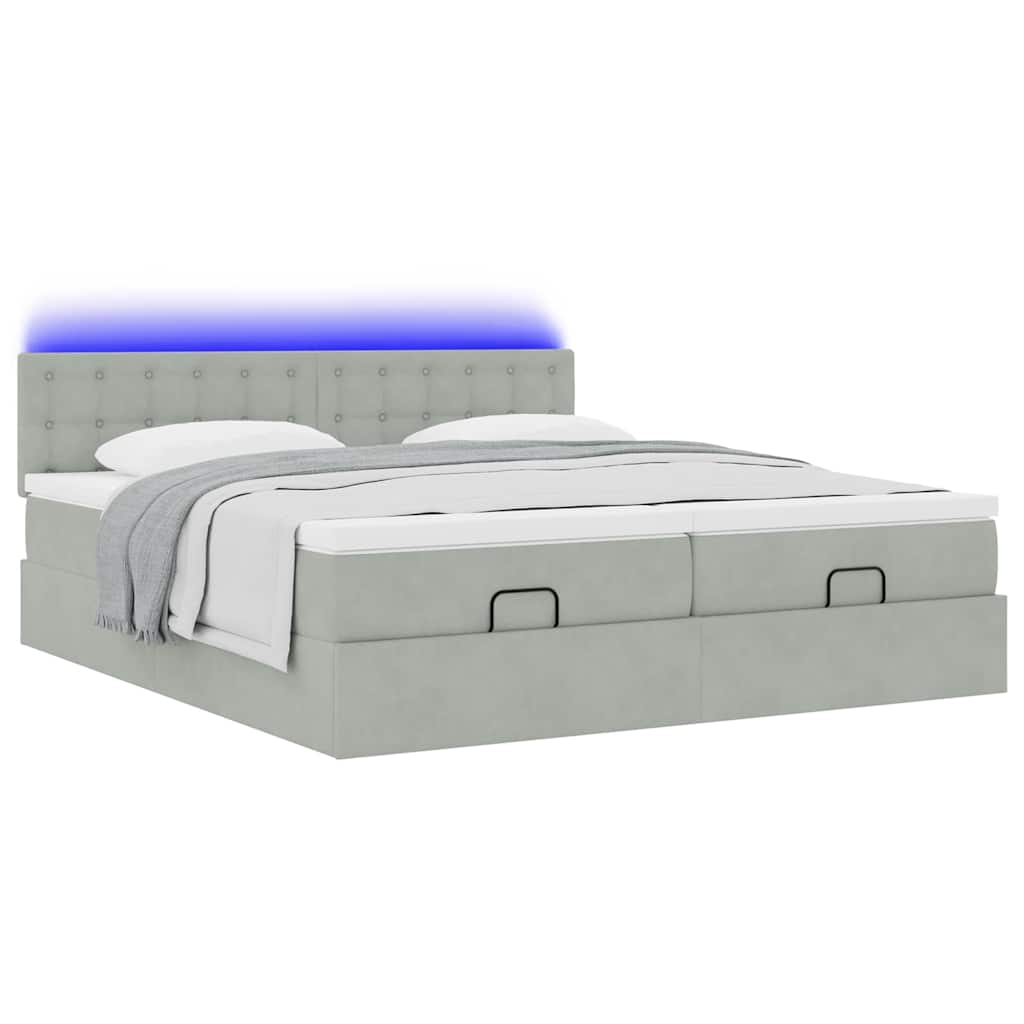 Ottoman-Bett mit Matratzen & LEDs Hellgrau 200x200 cm Samt