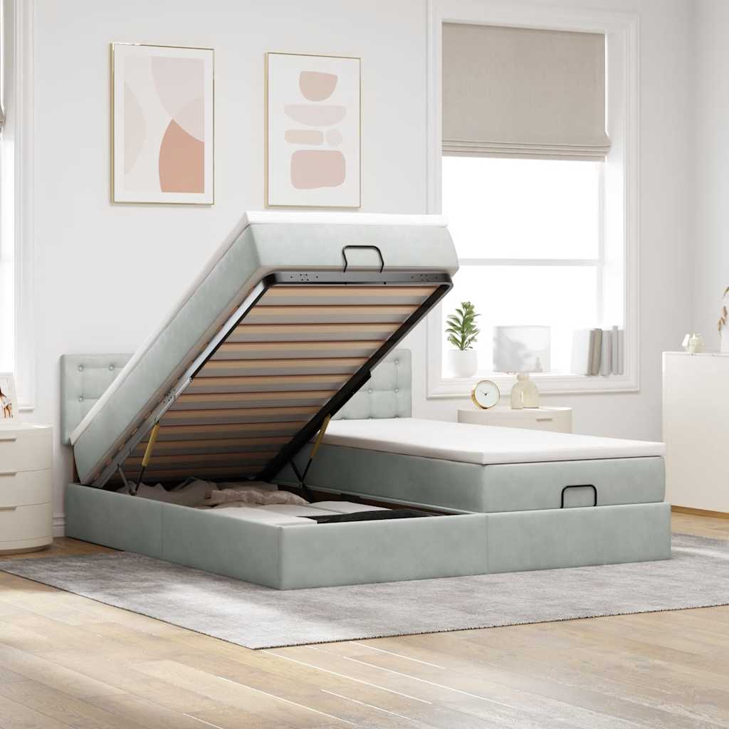 Ottoman-Bett mit Matratzen & LEDs Hellgrau 200x200 cm Samt