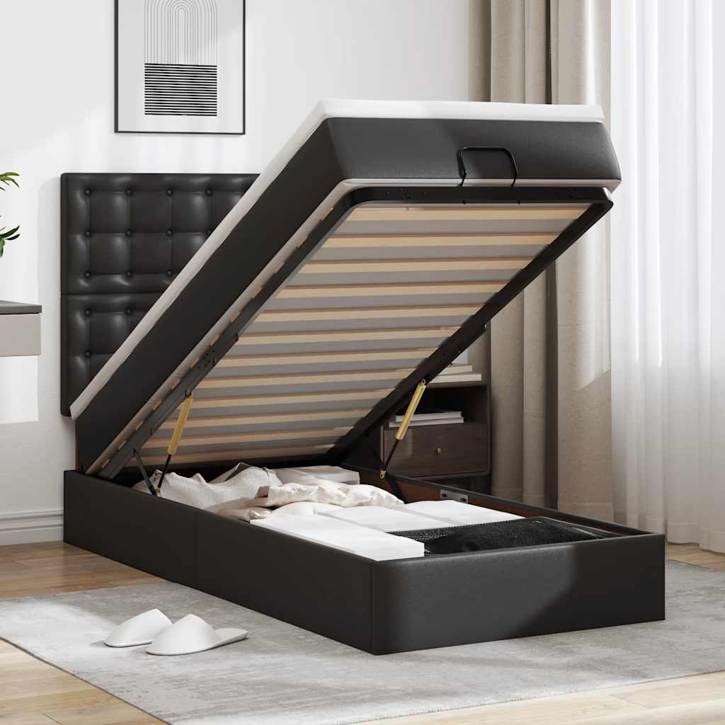 Ottoman-Bett mit Matratze Schwarz 90x190 cm Kunstleder