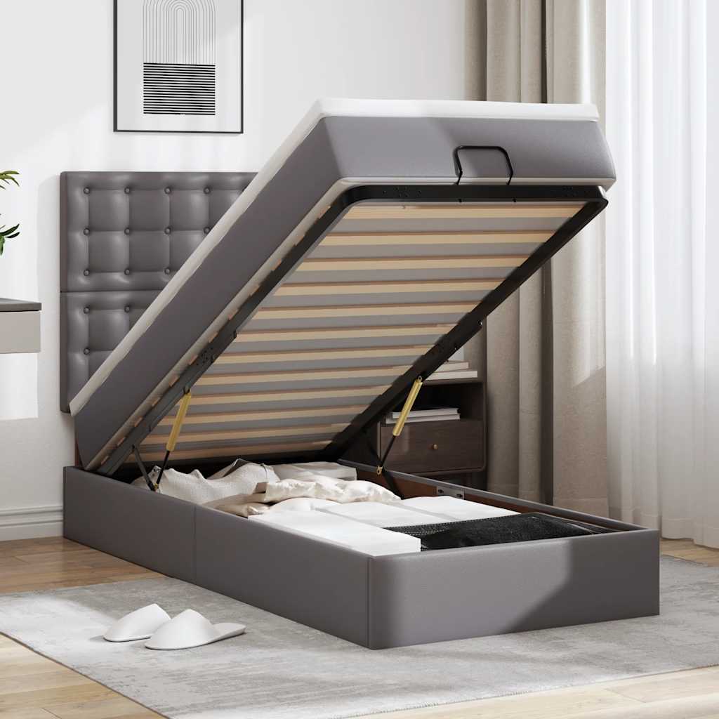 Ottoman-Bett mit Matratze Grau 90x200 cm Kunstleder