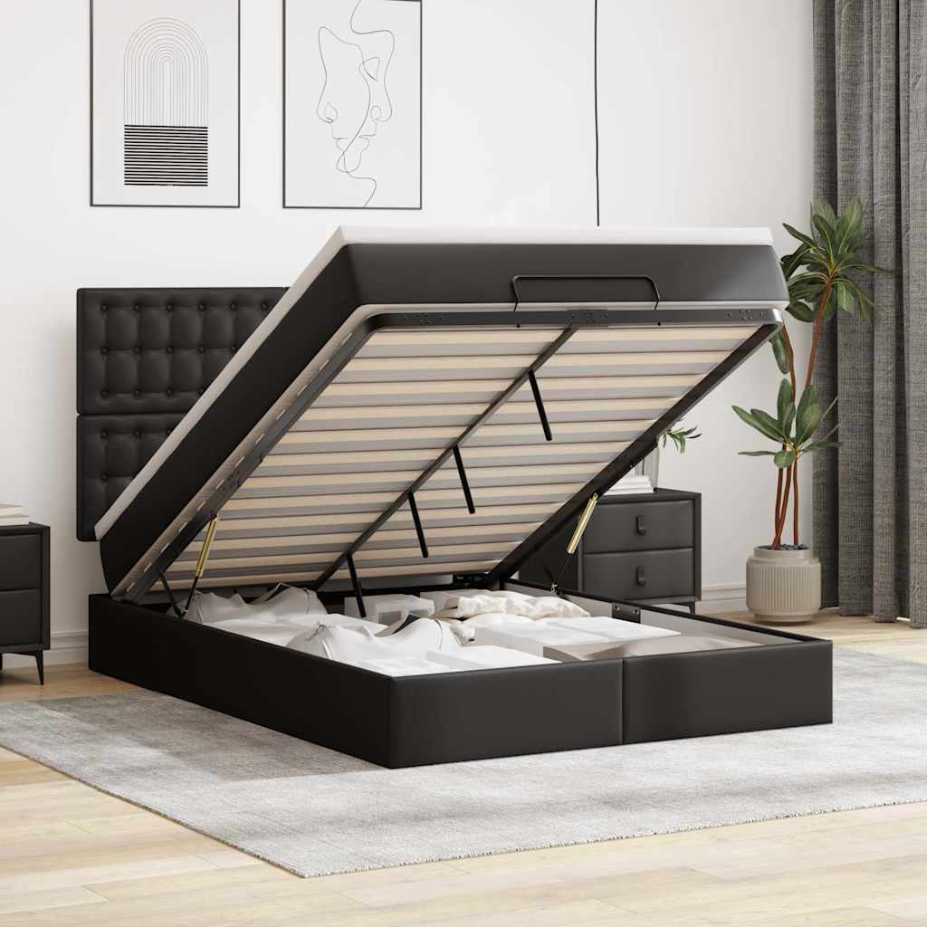 Ottoman-Bett mit Matratze Schwarz 140x200 cm Kunstleder