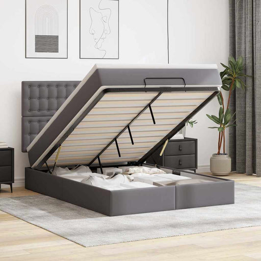 Lit ottoman avec matelas gris 140x200 cm en similicuir