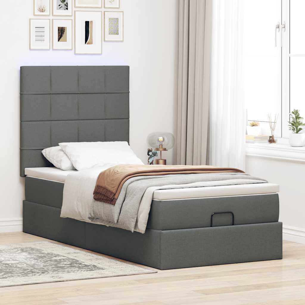 Lit ottoman avec matelas en tissu gris foncé 90x200 cm