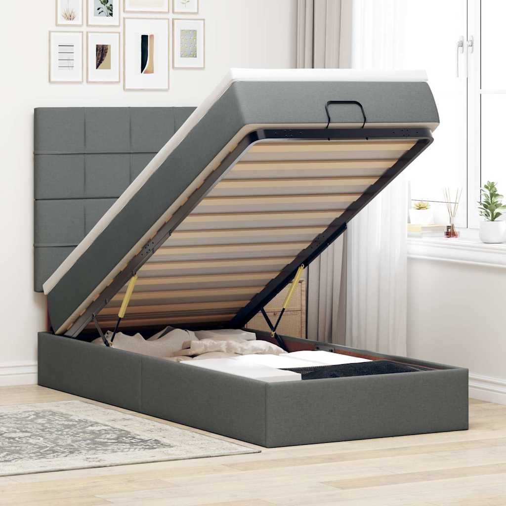 Ottoman bed with mattress dark grey 100x200 cm fabric