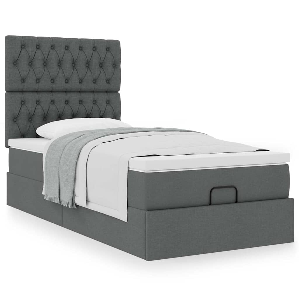 Lit ottoman avec matelas en tissu gris foncé 90x200 cm