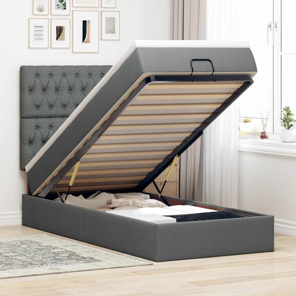 Lit ottoman avec matelas en tissu gris foncé 90x200 cm