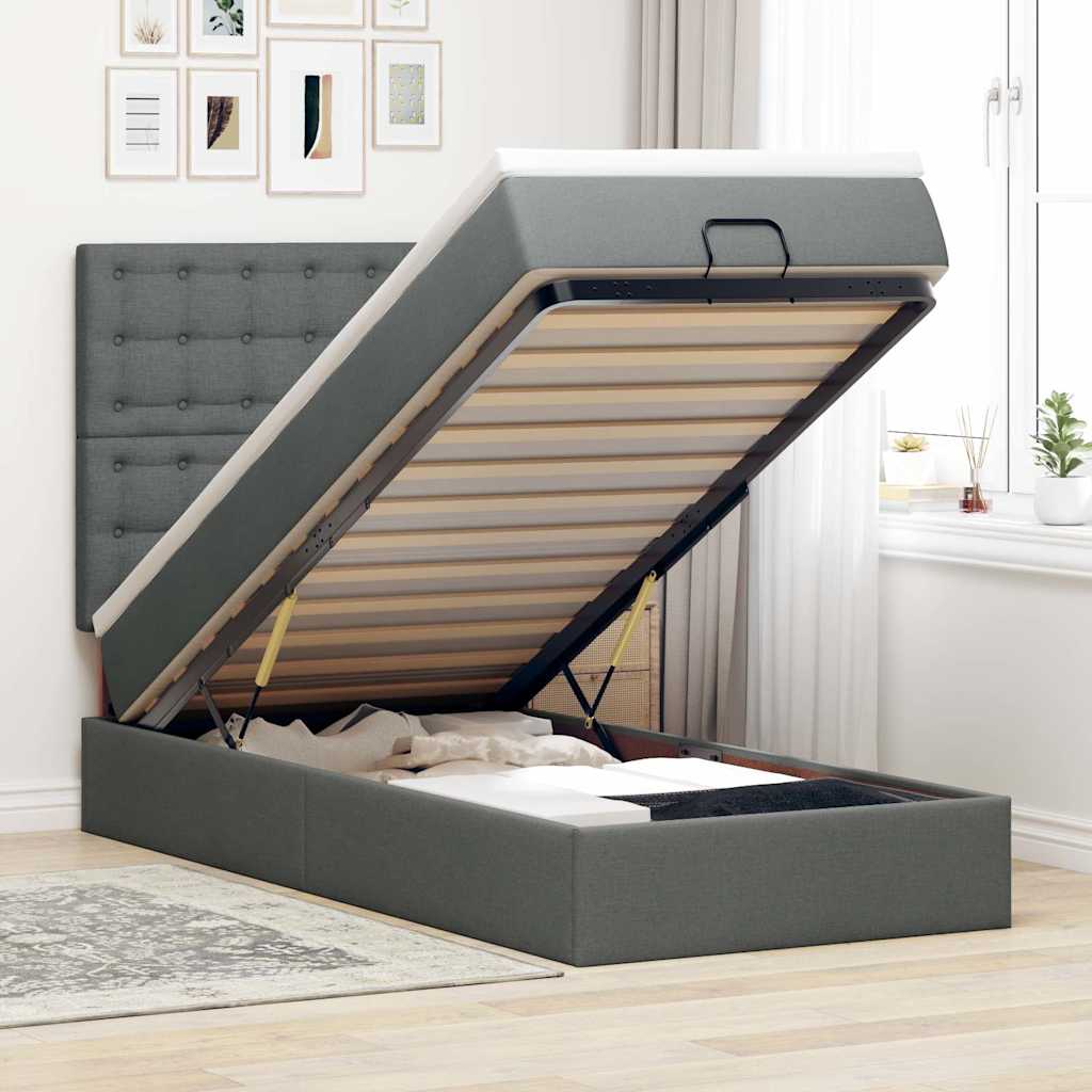 Ottoman bed with mattress dark grey 100x200 cm fabric