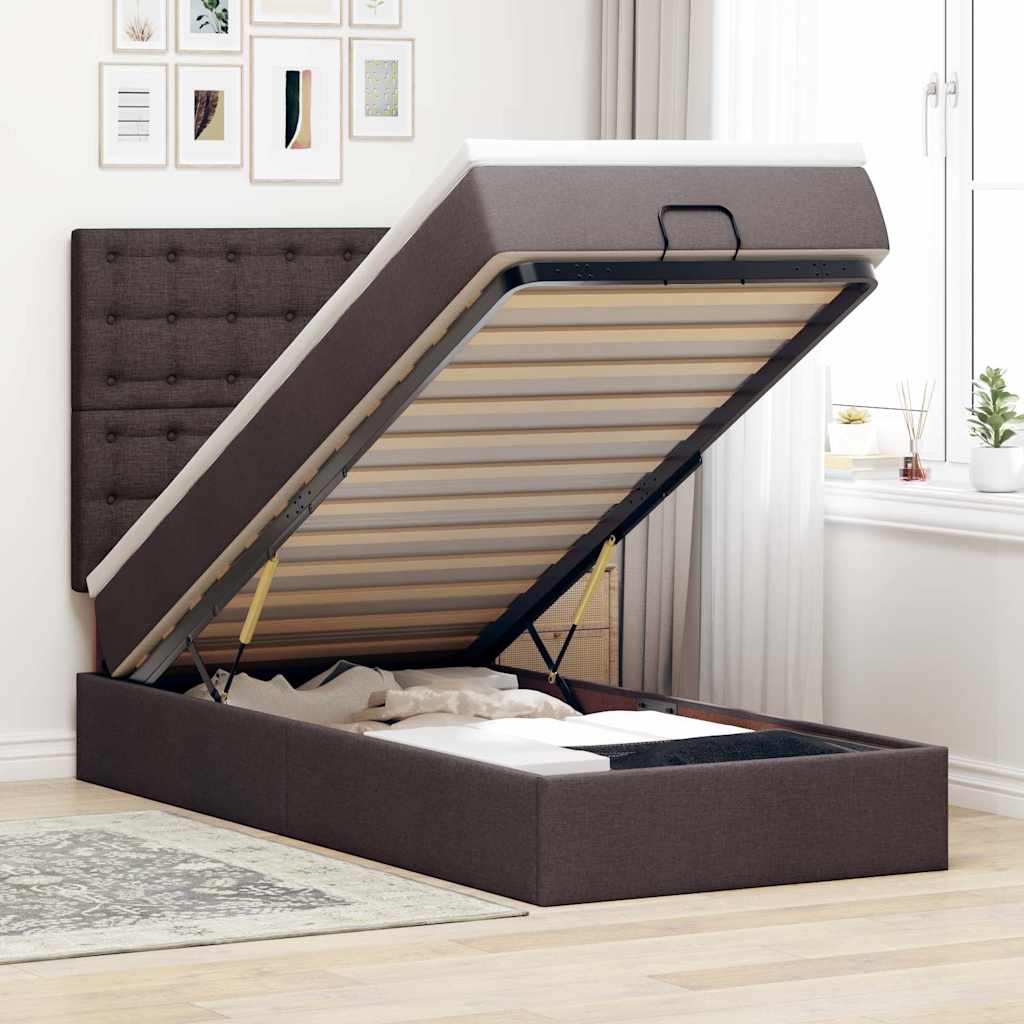 Ottoman bed with mattress dark brown 100x200 cm fabric