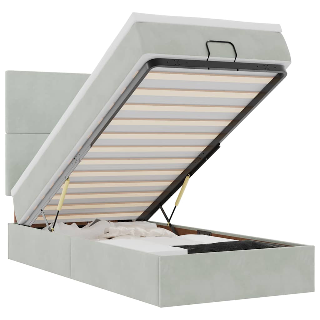 Ottoman bed with mattress light grey 90x200 cm velvet