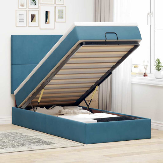 Lit ottoman avec matelas bleu foncé 90x200 cm velours