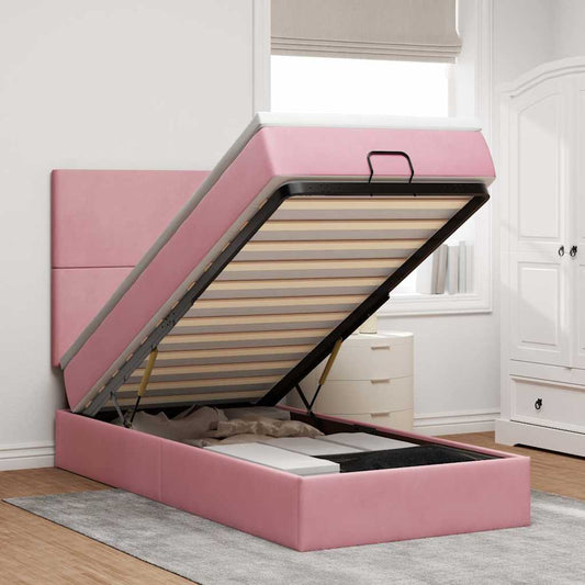 Ottoman bed with mattress pink 90x200 cm velvet