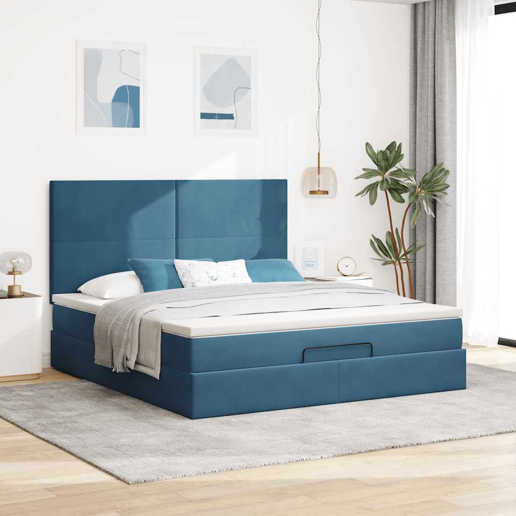 Lit ottoman avec matelas bleu foncé 180x200 cm velours