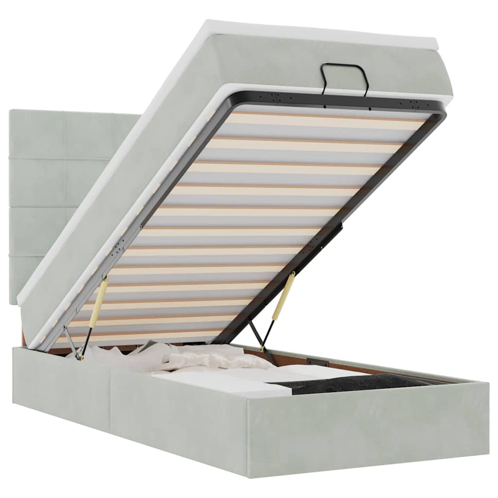 Ottoman bed with mattress light grey 90x200 cm velvet