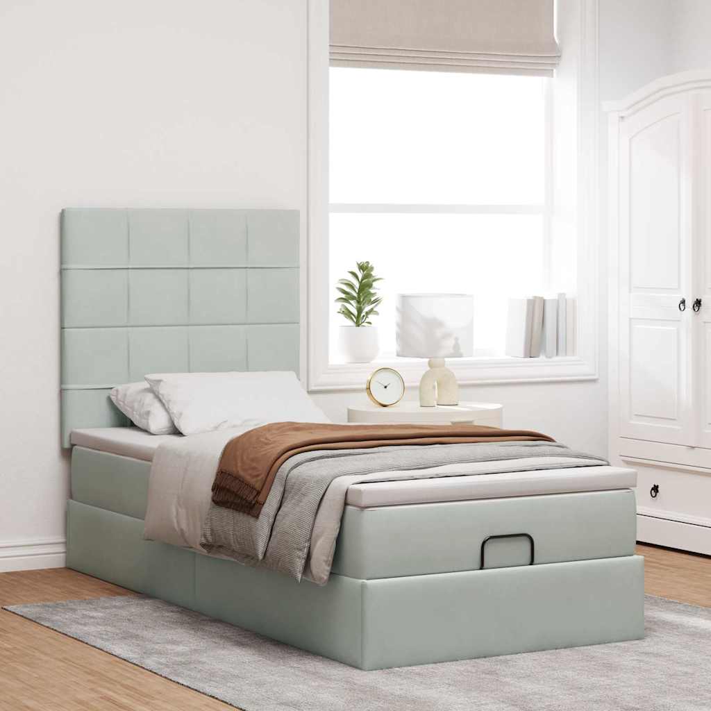 Ottoman bed with mattress light grey 90x200 cm velvet