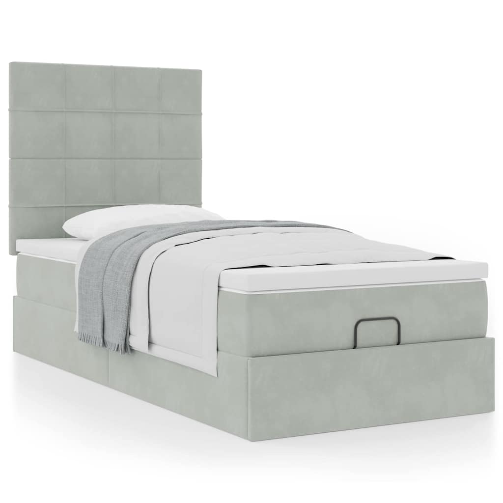 Ottoman bed with mattress light grey 90x200 cm velvet
