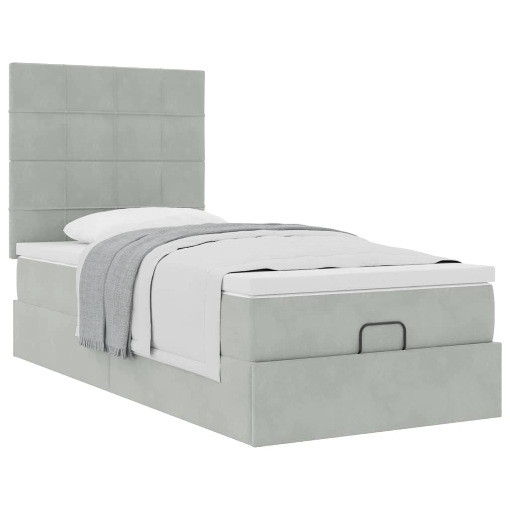 Ottoman bed with mattress light grey 90x200 cm velvet