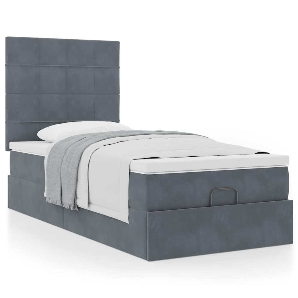 Lit ottoman avec matelas en velours gris foncé 90x200 cm