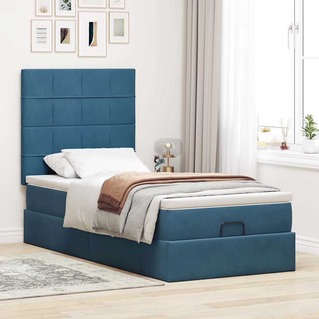 Lit ottoman avec matelas bleu foncé 90x200 cm velours