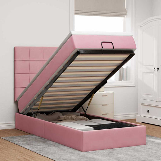 Ottoman bed with mattress pink 90x200 cm velvet