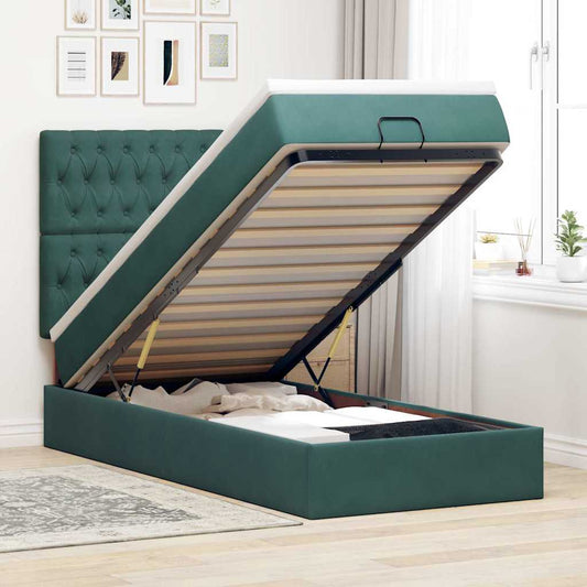 Lit ottoman avec matelas en velours vert foncé 90x200 cm