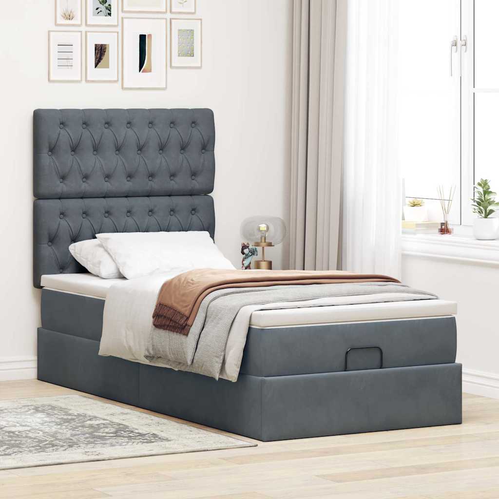 Lit ottoman avec matelas en velours gris foncé 100x200 cm