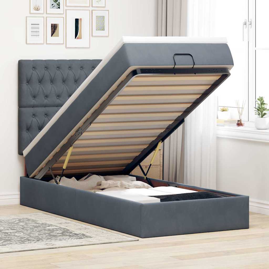 Lit ottoman avec matelas en velours gris foncé 100x200 cm