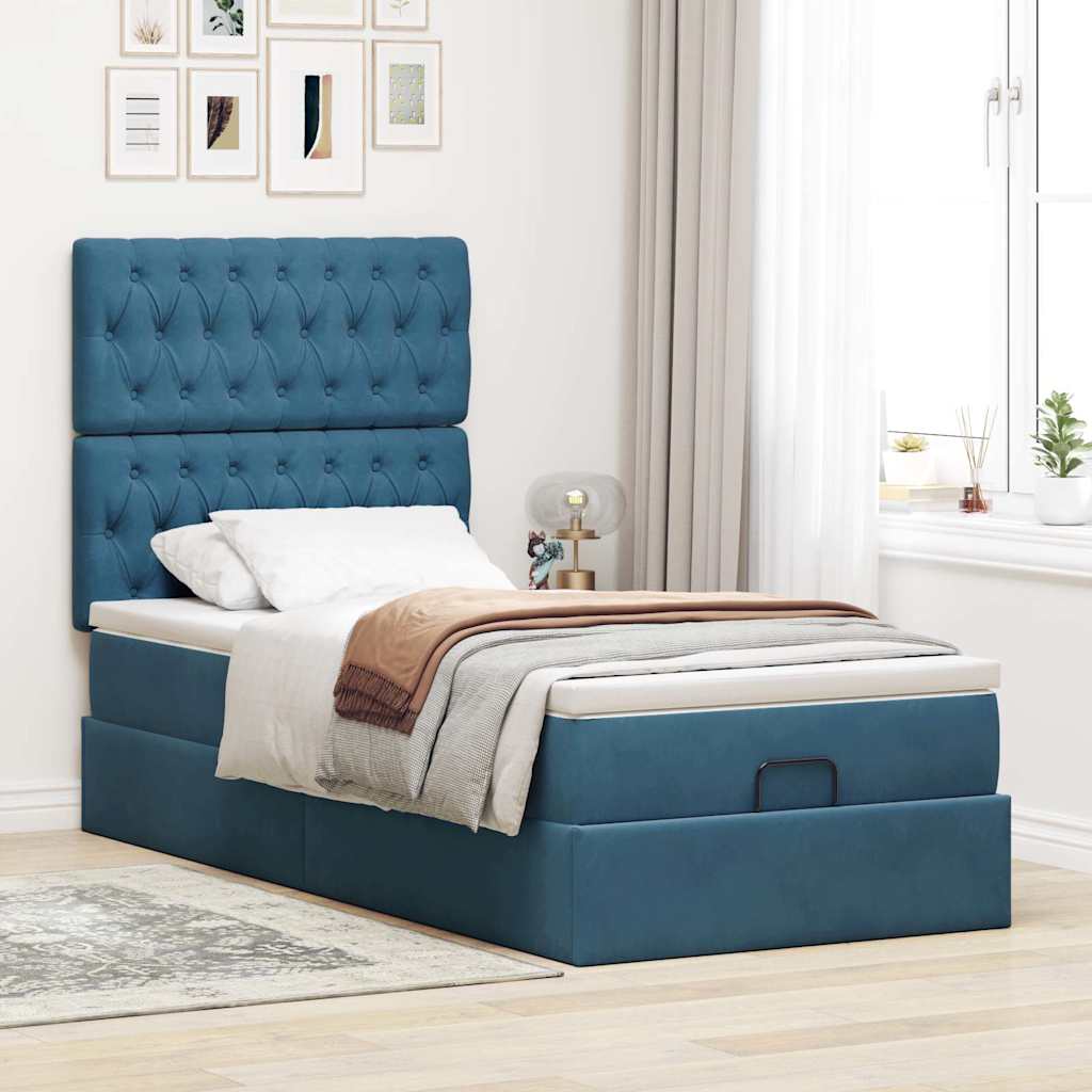 Lit ottoman avec matelas bleu foncé 100x200 cm velours