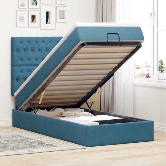 Lit ottoman avec matelas bleu foncé 100x200 cm velours